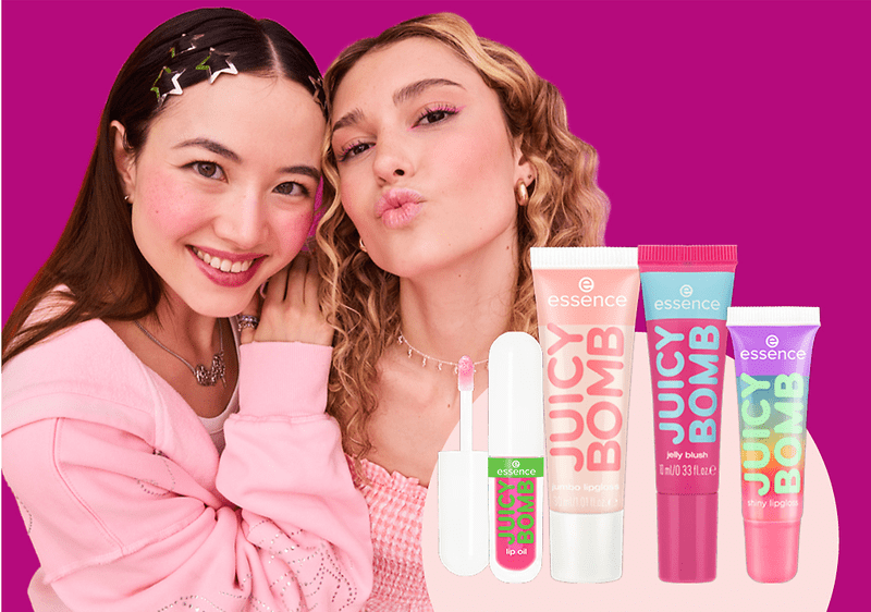 Produse de machiaj Essence Juicy Bomb cu două persoane în fundal