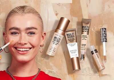 Produse cosmetice Maybelline Multi Tasker pe fundal bej