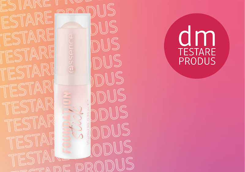 Fond de ten stick Essence pe fundal gradient roz și portocaliu cu text Testare produs