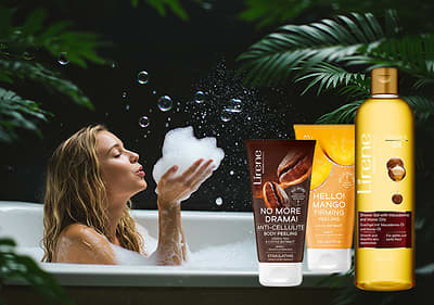 Femeie în cadă cu produse de îngrijire Lirene