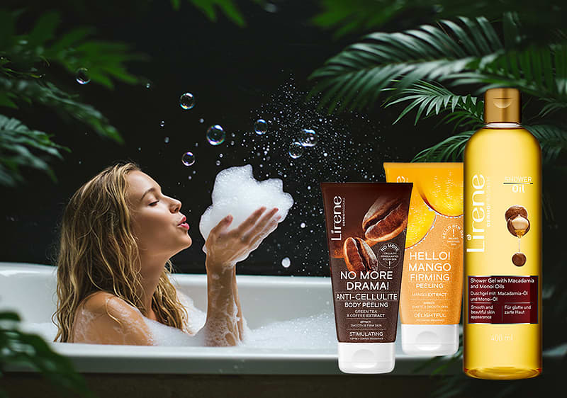 Femeie în cadă cu produse de îngrijire Lirene