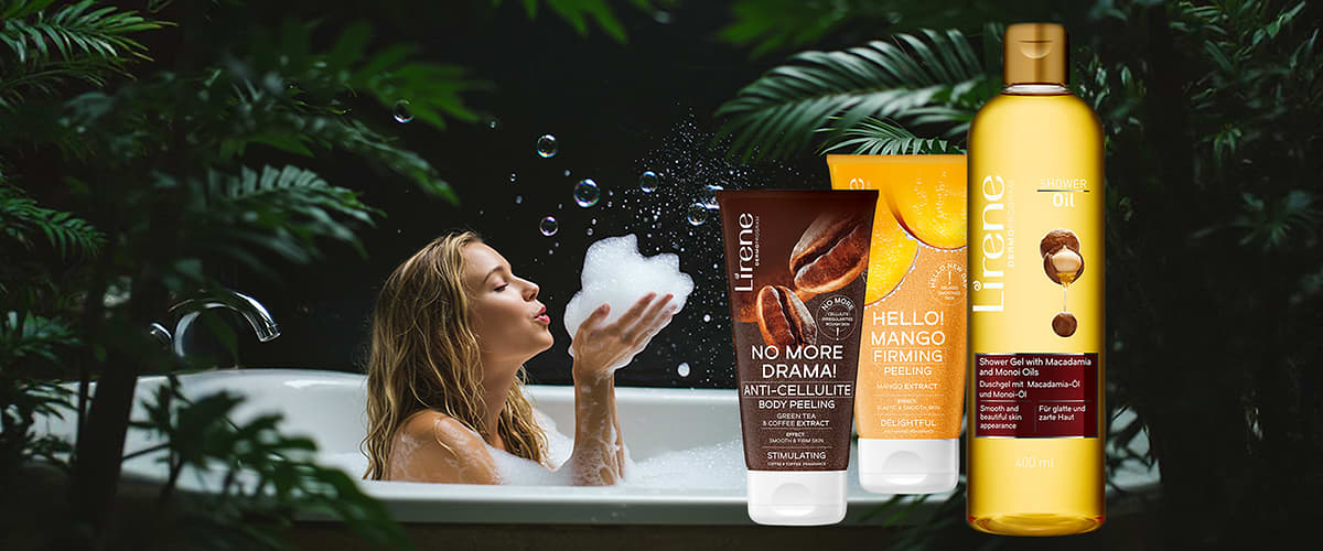 Femeie în cadă cu produse de îngrijire Lirene