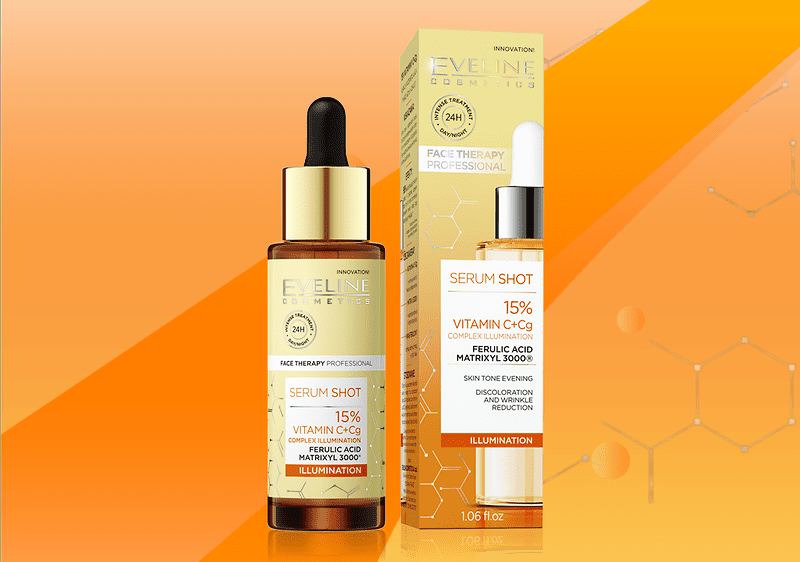 Serum facial Eveline cu vitamina C și acid ferulic pe fundal portocaliu