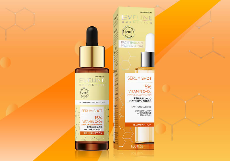 Serum cu vitamina C și CG Eveline pe fundal portocaliu cu hexagoane