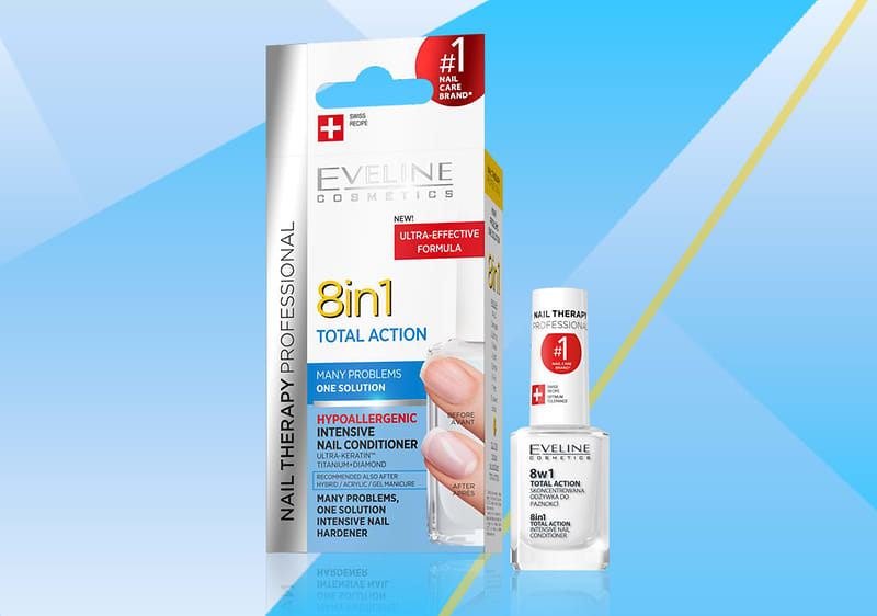 Tratament unghii Eveline 8in1 Total Action pe fundal albastru
