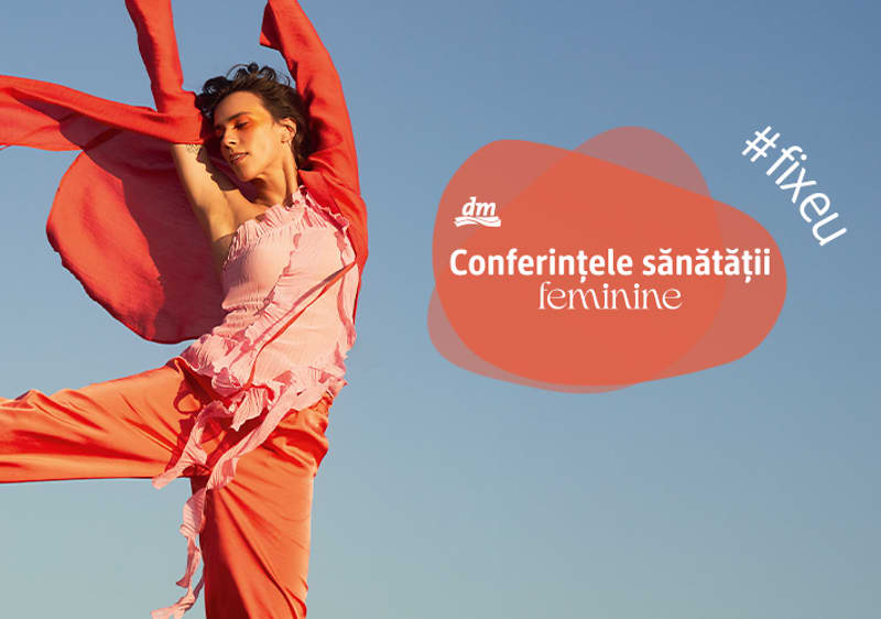 Persoană dansând în haine portocalii cu text despre conferințe sănătate feminină