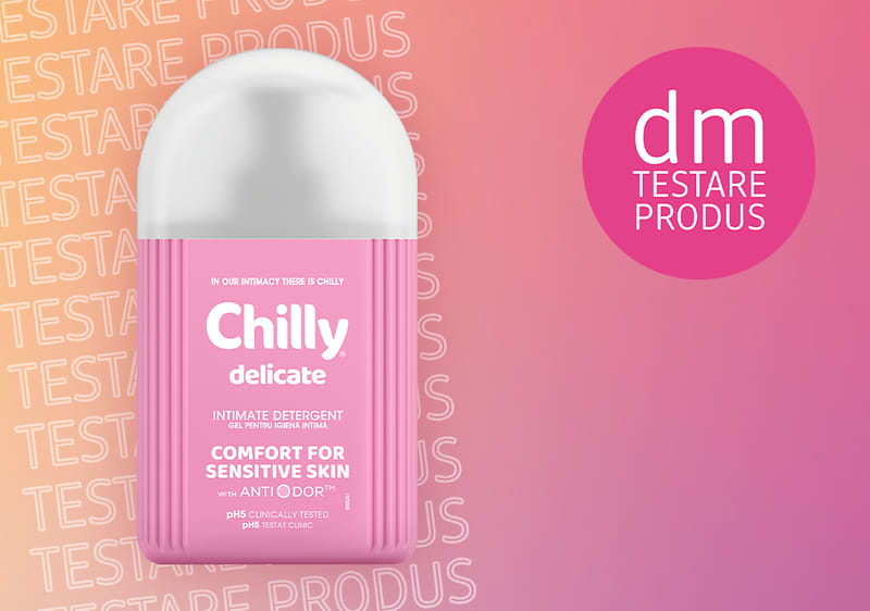 Detergent intim Chilly delicate pentru piele sensibilă pe fundal gradient roz-portocaliu