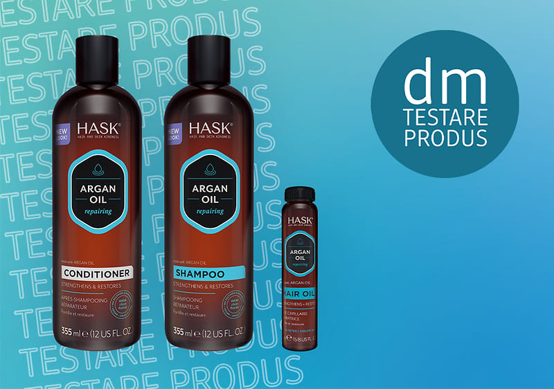 Produse Hask cu ulei de argan pentru păr pe fundal albastru