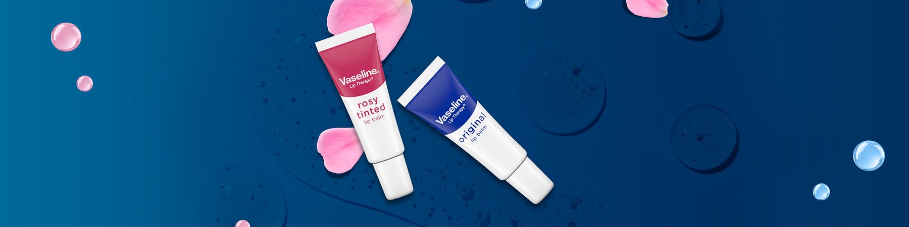 Balsam de buze Vaseline roz și albastru pe fundal albastru