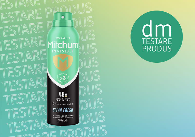Deodorant Mitchum Invisible pentru femei pe fundal gradient cu text Testare produs