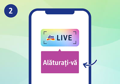 Ecran de telefon cu logo dm LIVE și buton Alăturați-vă. Rezultat: Aplicație mobilă cu logo dm LIVE și buton Alăturați-vă