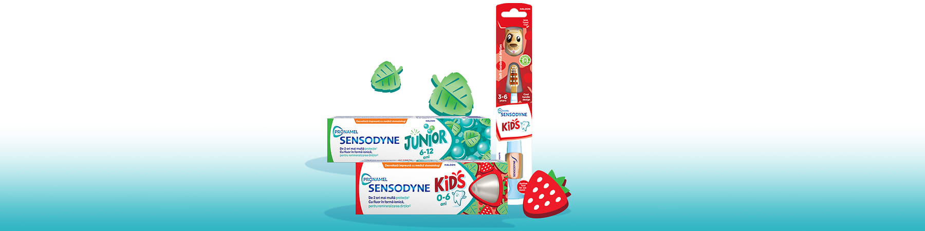 Periuță de dinți pentru copii Sensodyne Kids cu design cățel și căpșună pe fundal turcoaz