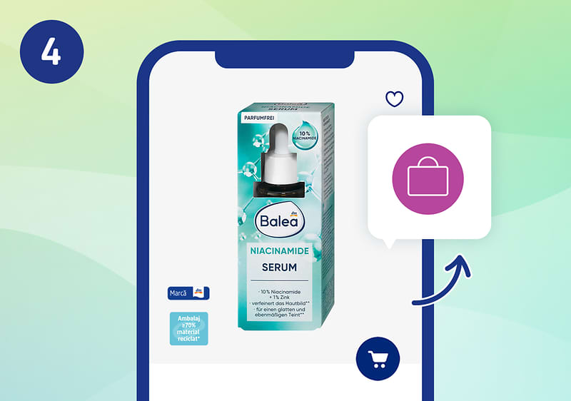 Cuvântul cheie principal: serum Imagine: Cutie de serum Balea cu niacinamide pe ecranul unui telefon