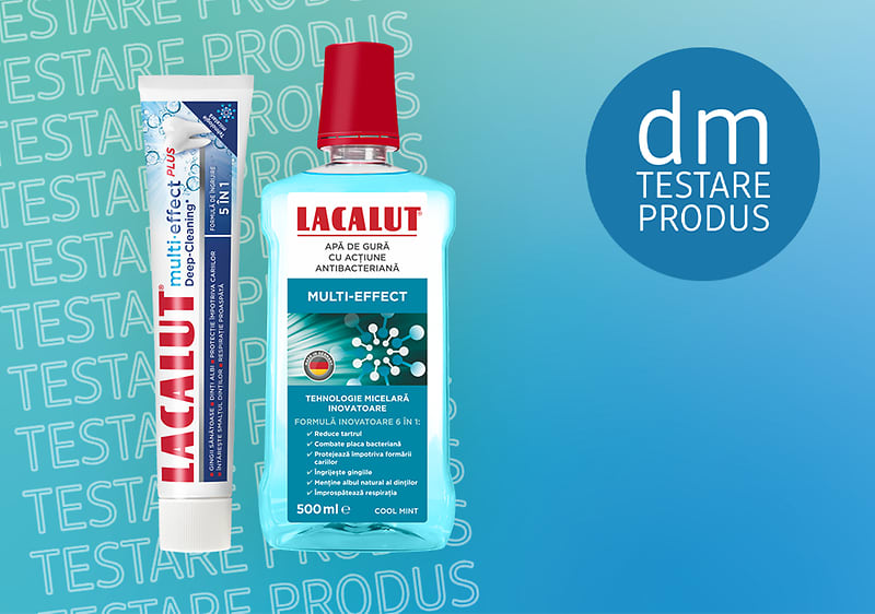 Pastă de dinți și apă de gură Lacalut multi-effect pe fundal albastru