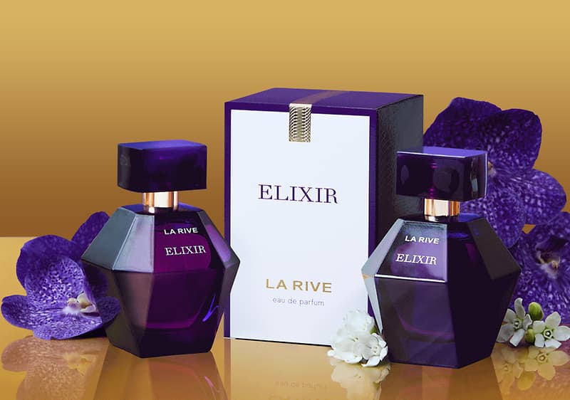 Parfum Elixir La Rive cu sticle mov și flori mov pe fundal auriu