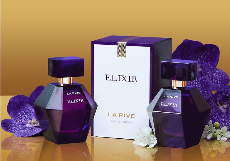 Parfum Elixir La Rive cu flori mov și cutie elegantă pe fundal auriu