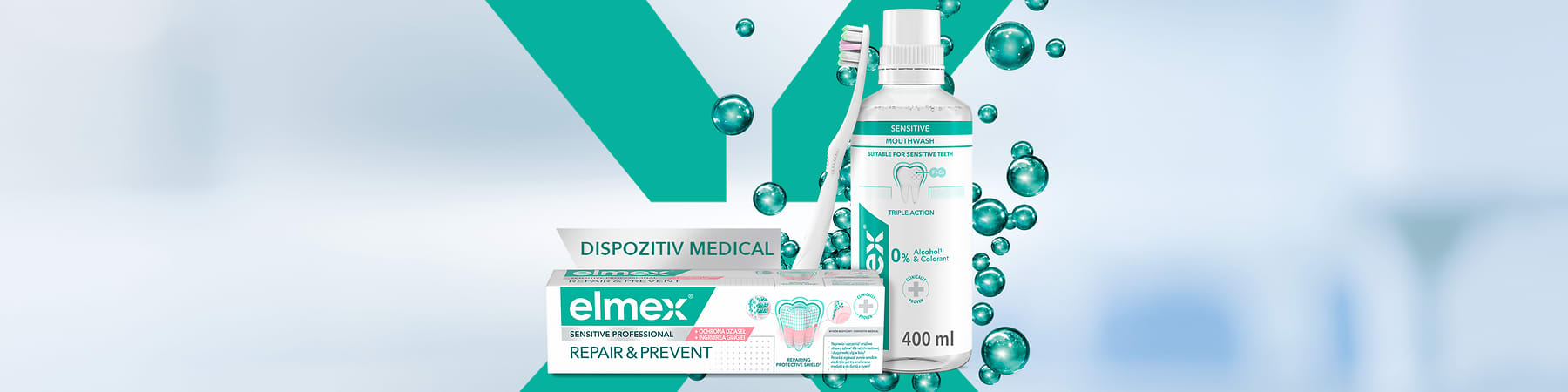 Produse pentru igiena dentară Elmex: pastă de dinți Repair & Prevent și apă de gură pentru dinți sensibili 400 ml, periuță de dinți și bule verzi
