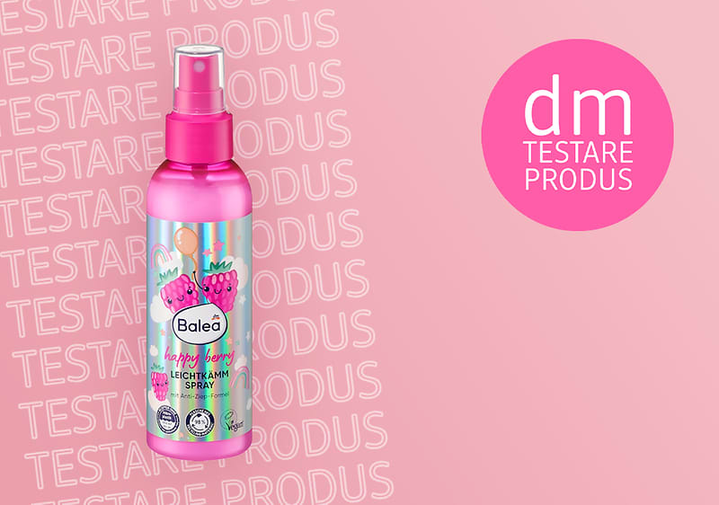 Spray Balea pe fundal roz cu text Testare produs