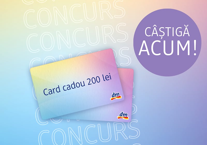Două carduri cadou DM pe fundal colorat cu text Câștigă acum și concurs