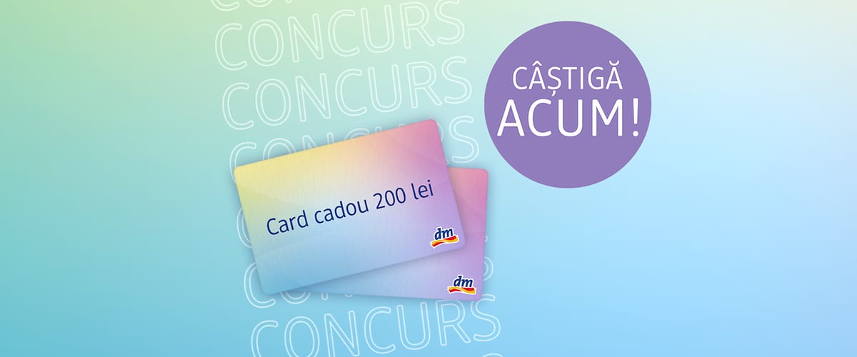 Două carduri cadou DM pe fundal colorat cu text Câștigă acum și concurs