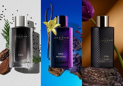 Parfumuri Jaguar ERA Reloaded și ERA Elixir în sticle elegante pe fundaluri colorate
