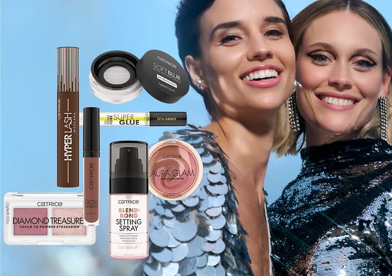 Produse de machiaj și persoane în ținute strălucitoare