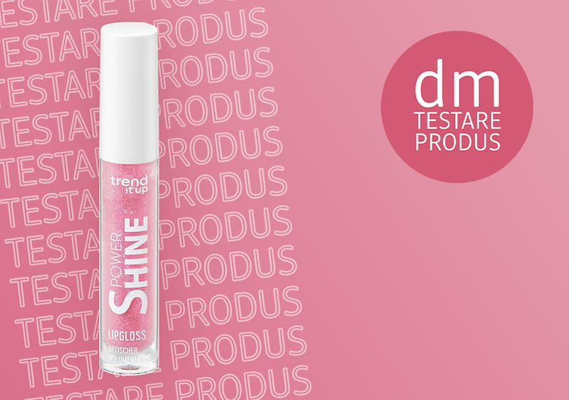 Lipgloss roz cu text Testare produs și logo dm pe fundal roz