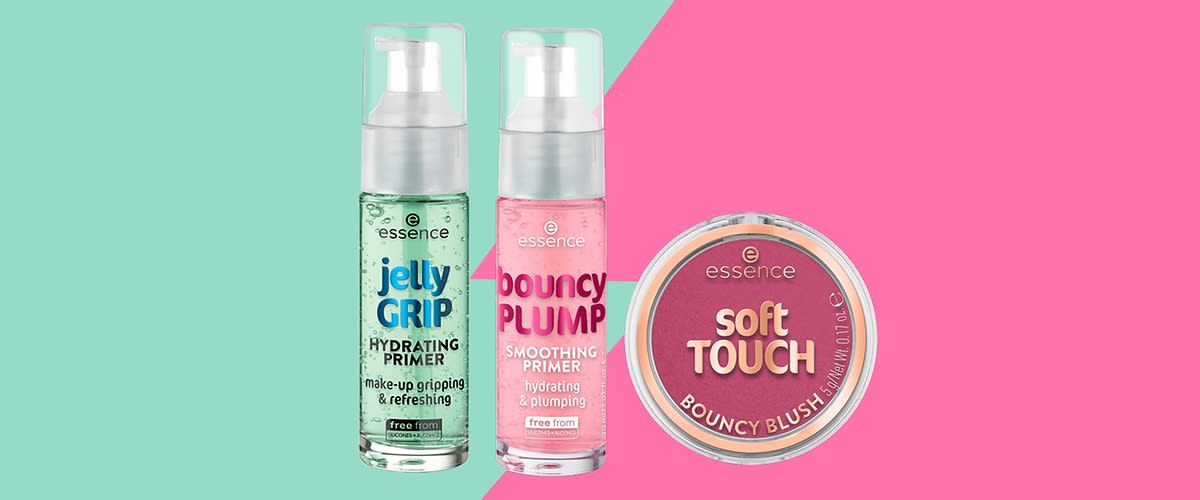 Fard de obraz Essence Soft Touch pe fundal roz și verde