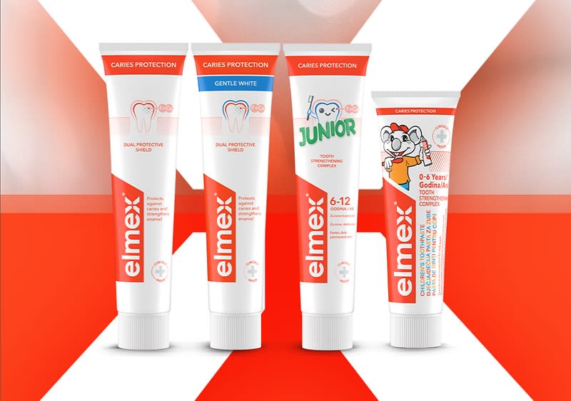Patru tuburi de pastă de dinți Elmex pentru diferite vârste și nevoi