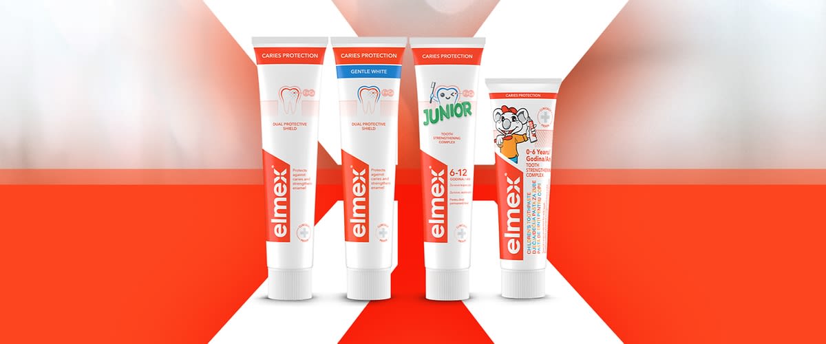 Patru tuburi de pastă de dinți Elmex pentru diferite vârste și nevoi