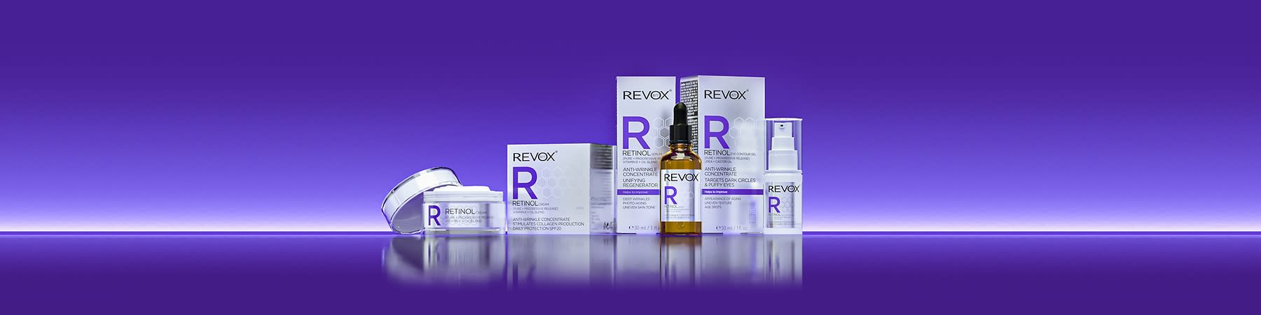 Produse cosmetice Revox cu retinol pe fundal violet