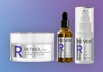Produse cosmetice Revox cu retinol pe fundal gradient