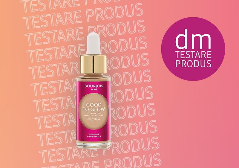 Sticlă de ser facial Bourjois pe fundal roz cu text Testare produs