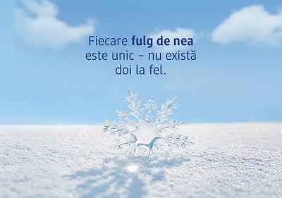 Fulg de nea unic pe zăpadă sub cer albastru cu mesaj despre unicitatea fulgilor de nea