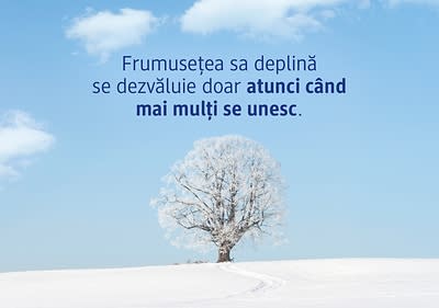 Copac acoperit de zăpadă pe câmp alb cu cer albastru și text motivațional