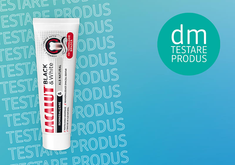 Pastă de dinți Lacalut Black & White pe fundal albastru cu text Testare produs
