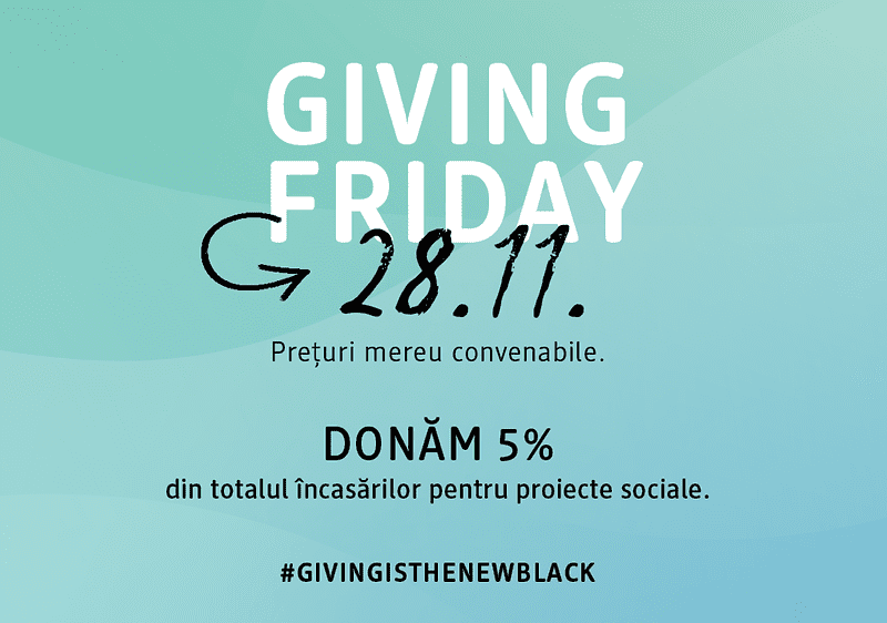 Text promoțional pentru Giving Friday cu data și detalii despre donații