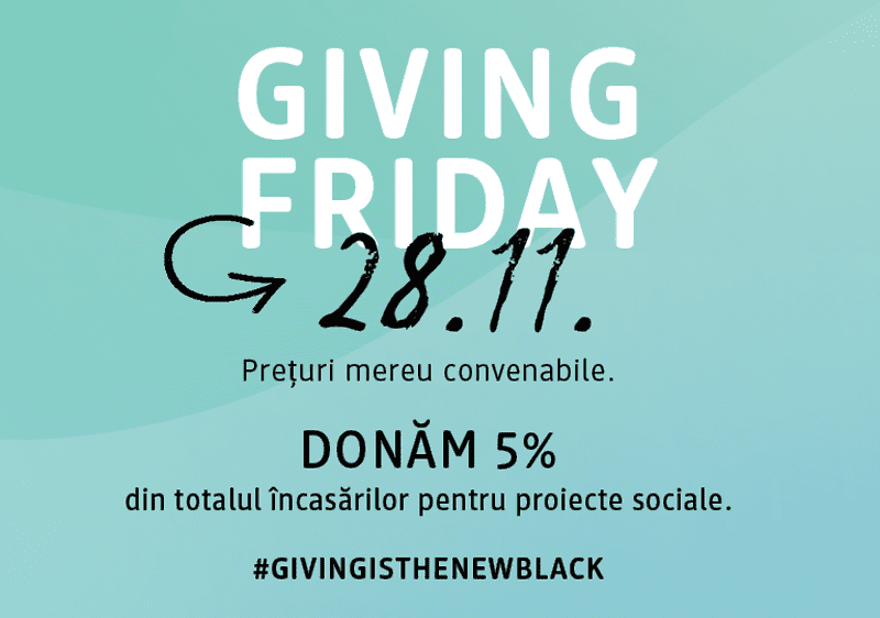 Text promoțional pentru Giving Friday cu data și detalii despre donații