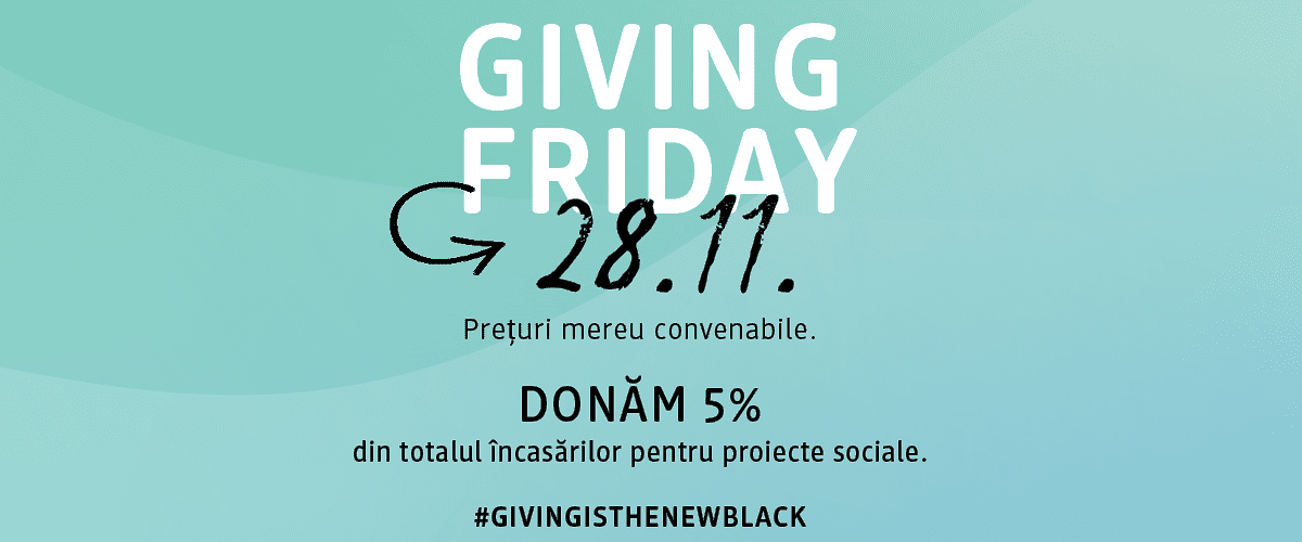 Text promoțional pentru Giving Friday cu data și detalii despre donații