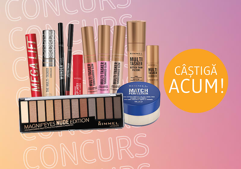 Concurs cu produse cosmetice Rimmel și text Câștigă acum