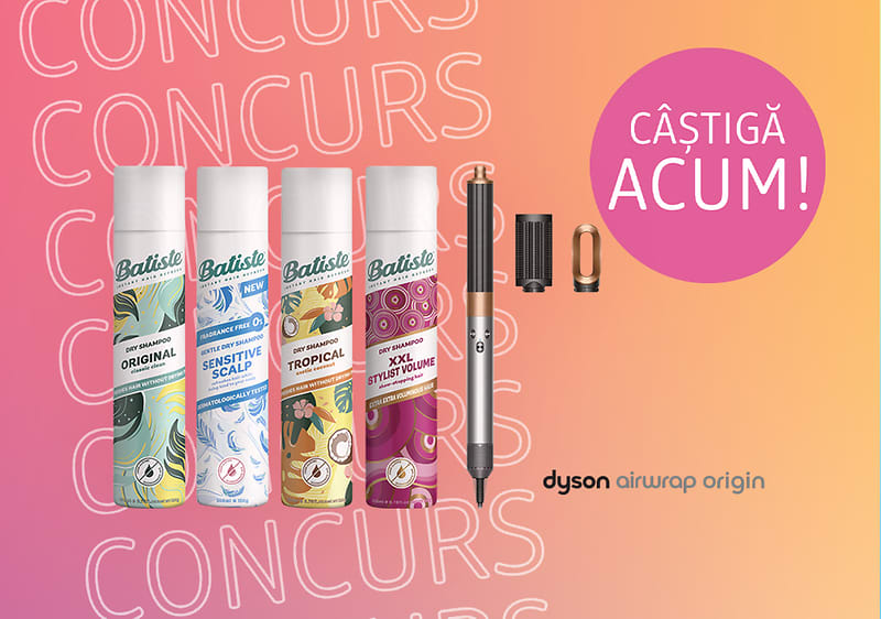 Concurs cu produse Batiste și Dyson Airwrap Origin pe fundal colorat