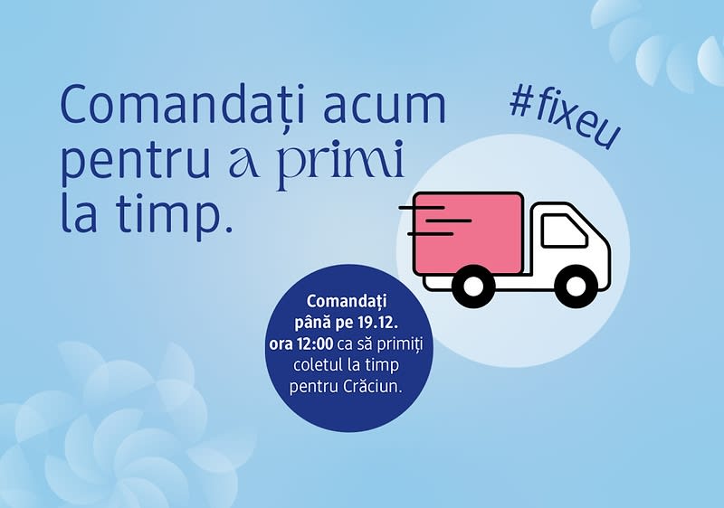 Text promoțional despre livrare rapidă de Crăciun cu camion roz