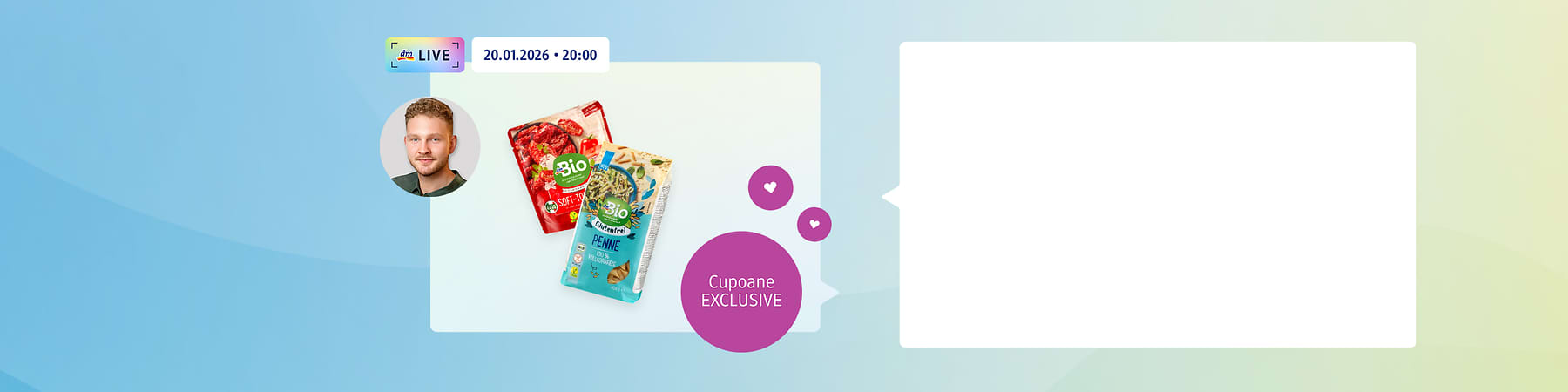 Imagine cu produse alimentare bio, penne și roșii, și text despre cupoane exclusive.