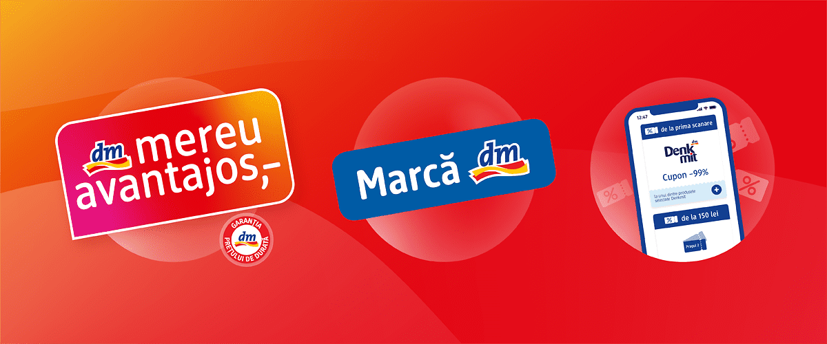Promovare dm cu text și logo pe fundal roșu și portocaliu.