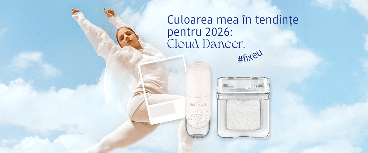 Imaginea prezintă o persoană sărind pe fundal de cer albastru, alături de produse cosmetice albe și text despre tendințe de culoare.