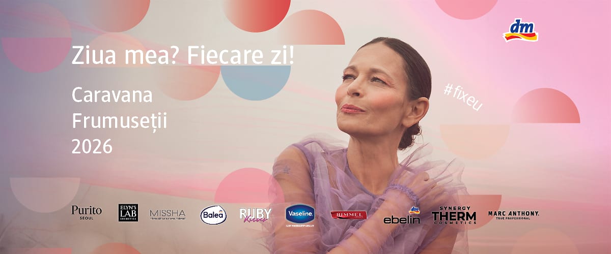 O persoană poartă o rochie mov, înconjurată de logo-uri ale unor branduri de frumusețe. Textul include hashtagul #fixeu.