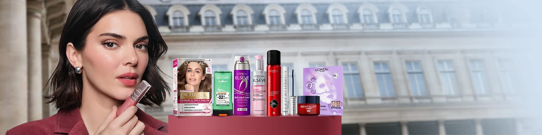 Imagine cu produse L'Oréal, inclusiv vopsea de păr, șampon, spray de păr, mască și cremă.