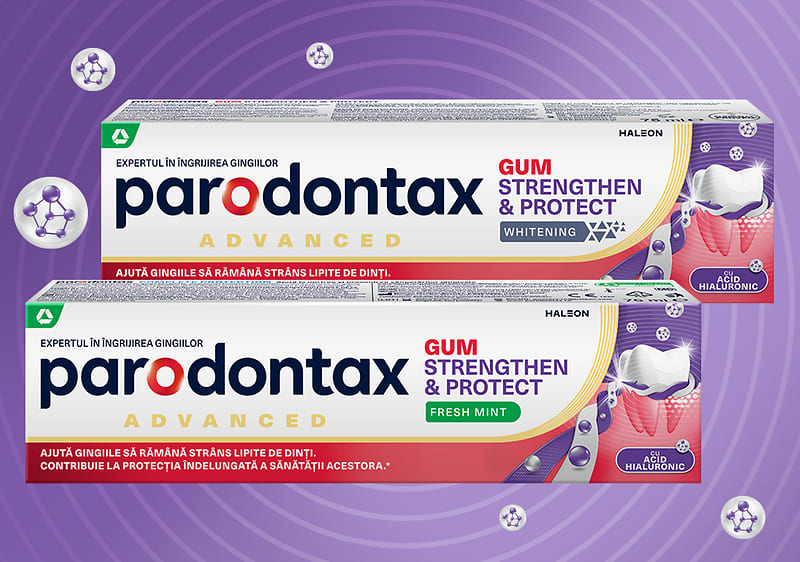 Pastă de dinți Parodontax Advanced gum strengthen & protect în două cutii pe fundal violet