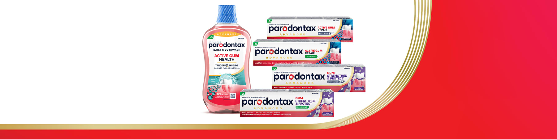 Sticlă de apă de gură și mai multe tuburi de pastă de dinți Parodontax pentru igienă orală și sănătatea gingiilor