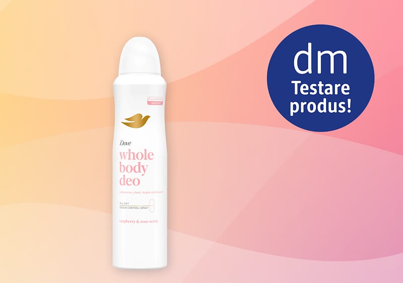 Deodorant spray Dove Whole Body Deo pe fundal roz cu siglă dm Testare produs